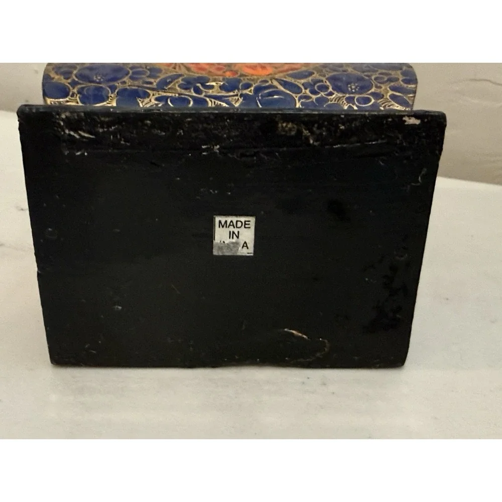 Vintage Papier Mache Enamel Box w Lid Ornate Letter Storage Keepsakes Small Blk
